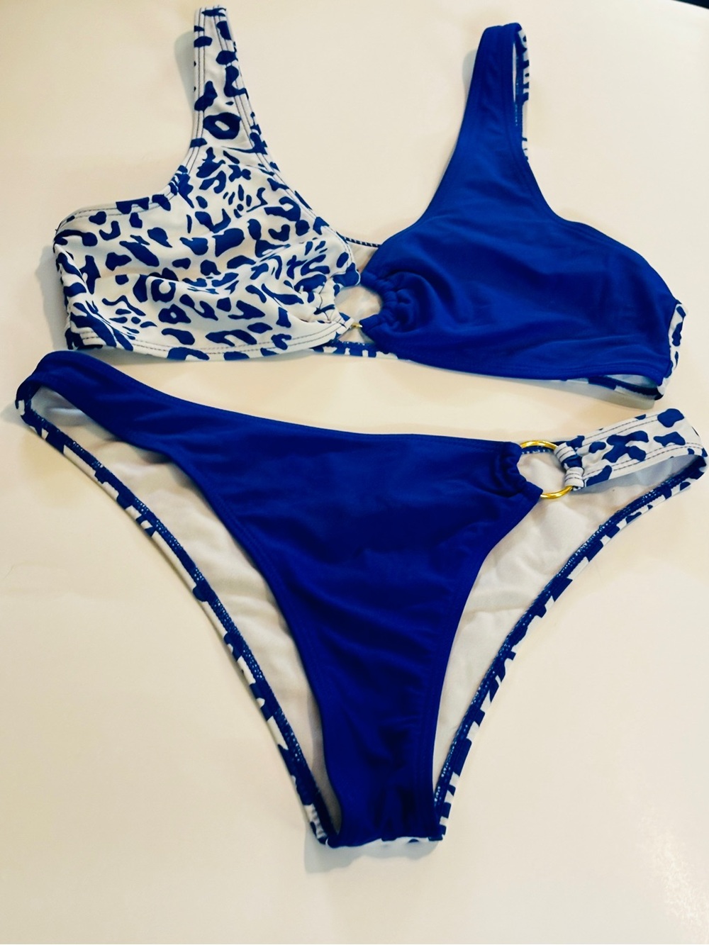 SHEIN White and Blue Leopard-Print Bikini Set
